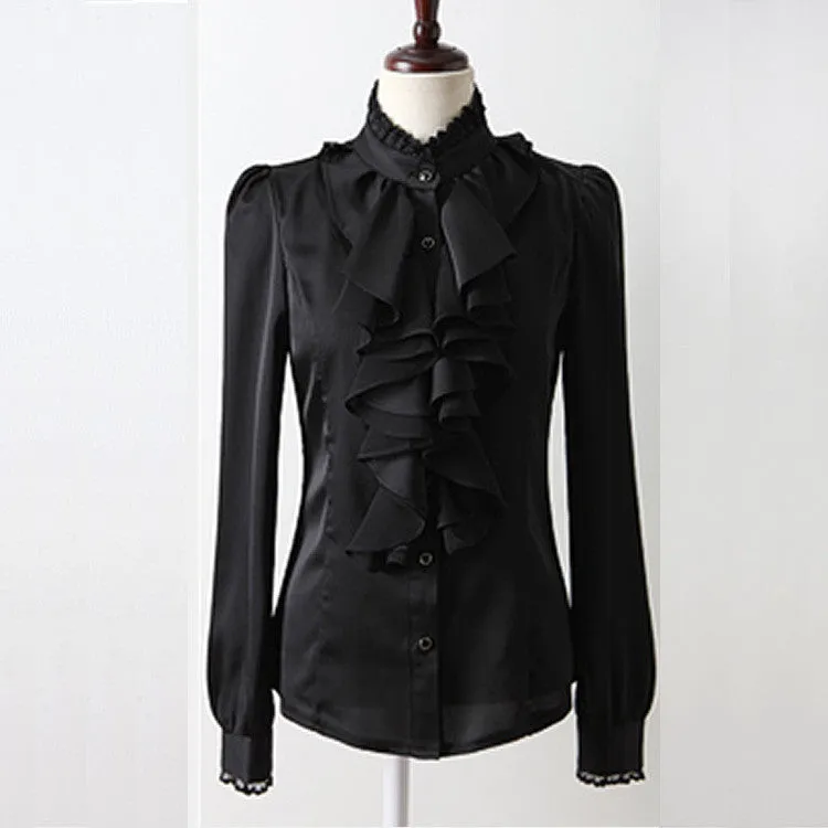 Lace Patchwork Chiffon Falbala OL Long Sleeves Blouse