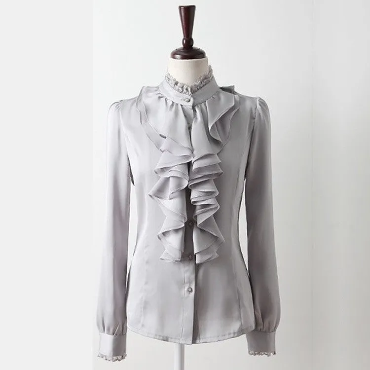 Lace Patchwork Chiffon Falbala OL Long Sleeves Blouse