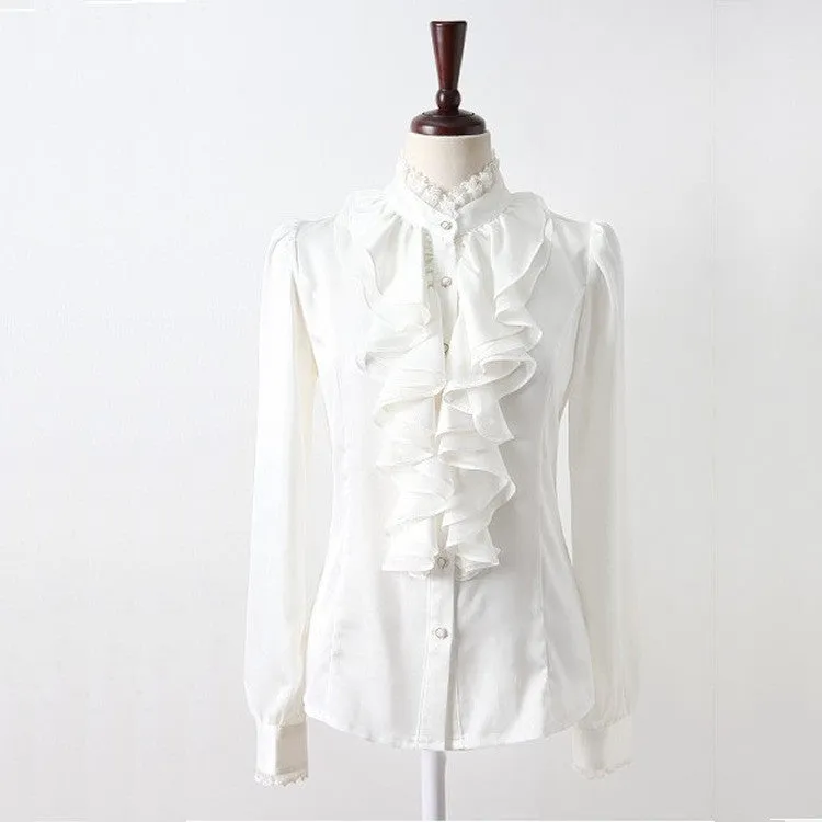 Lace Patchwork Chiffon Falbala OL Long Sleeves Blouse