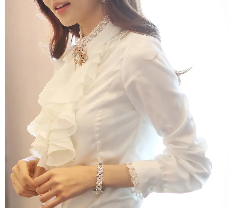Lace Patchwork Chiffon Falbala OL Long Sleeves Blouse