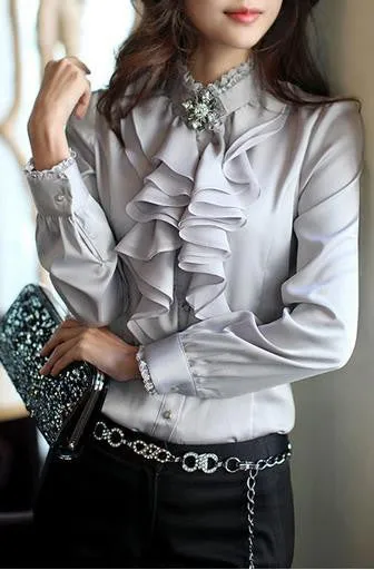 Lace Patchwork Chiffon Falbala OL Long Sleeves Blouse