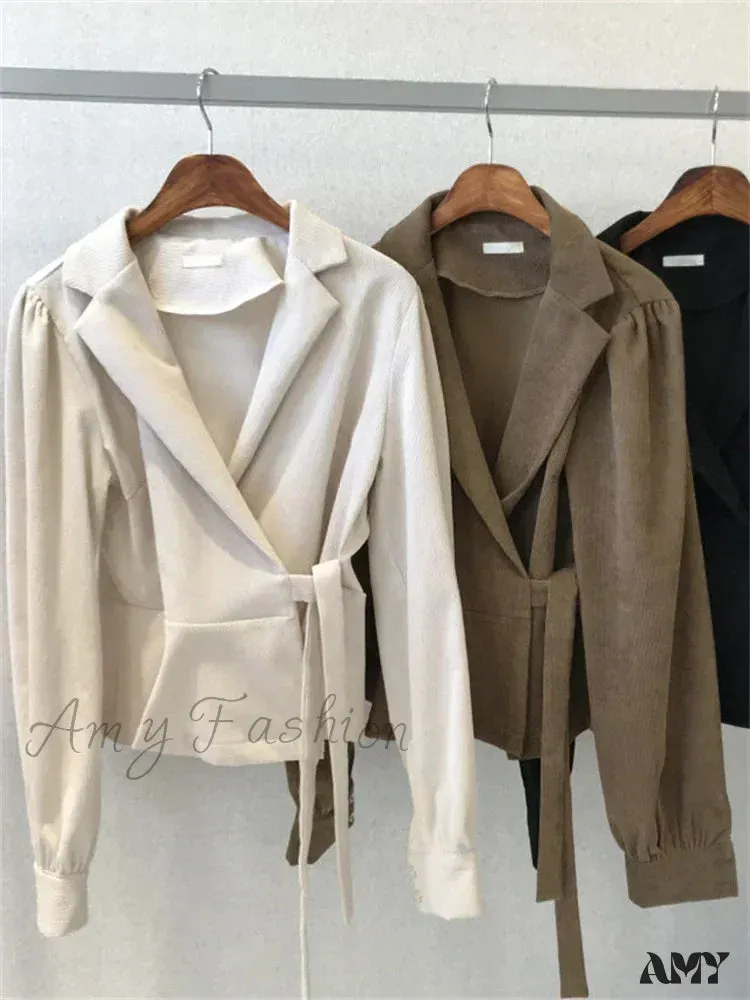 Lace-Up Vintage V-Neck Long Sleeve Elegant Slims Blouse