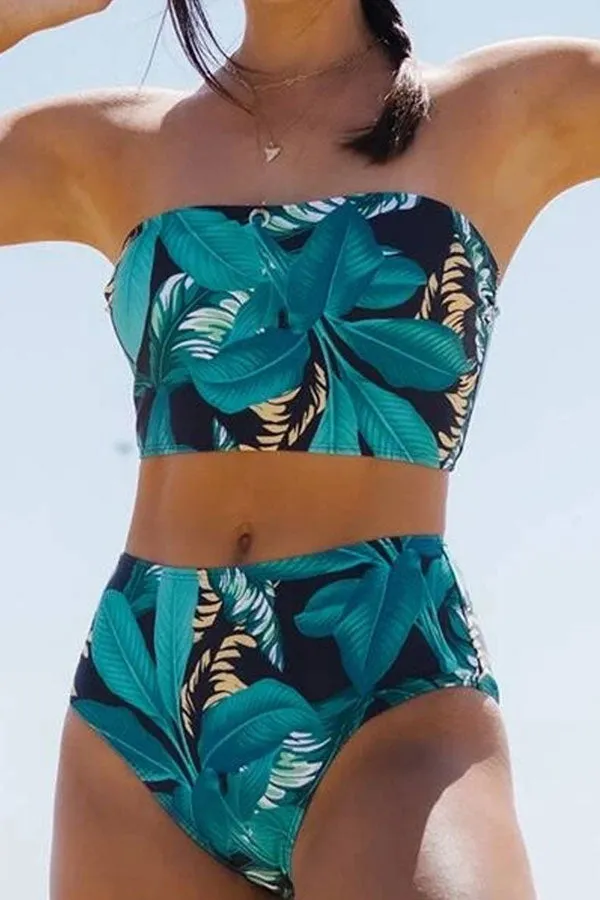 Leaf Print Pretty Bandeau High Waisted Beach Bikini