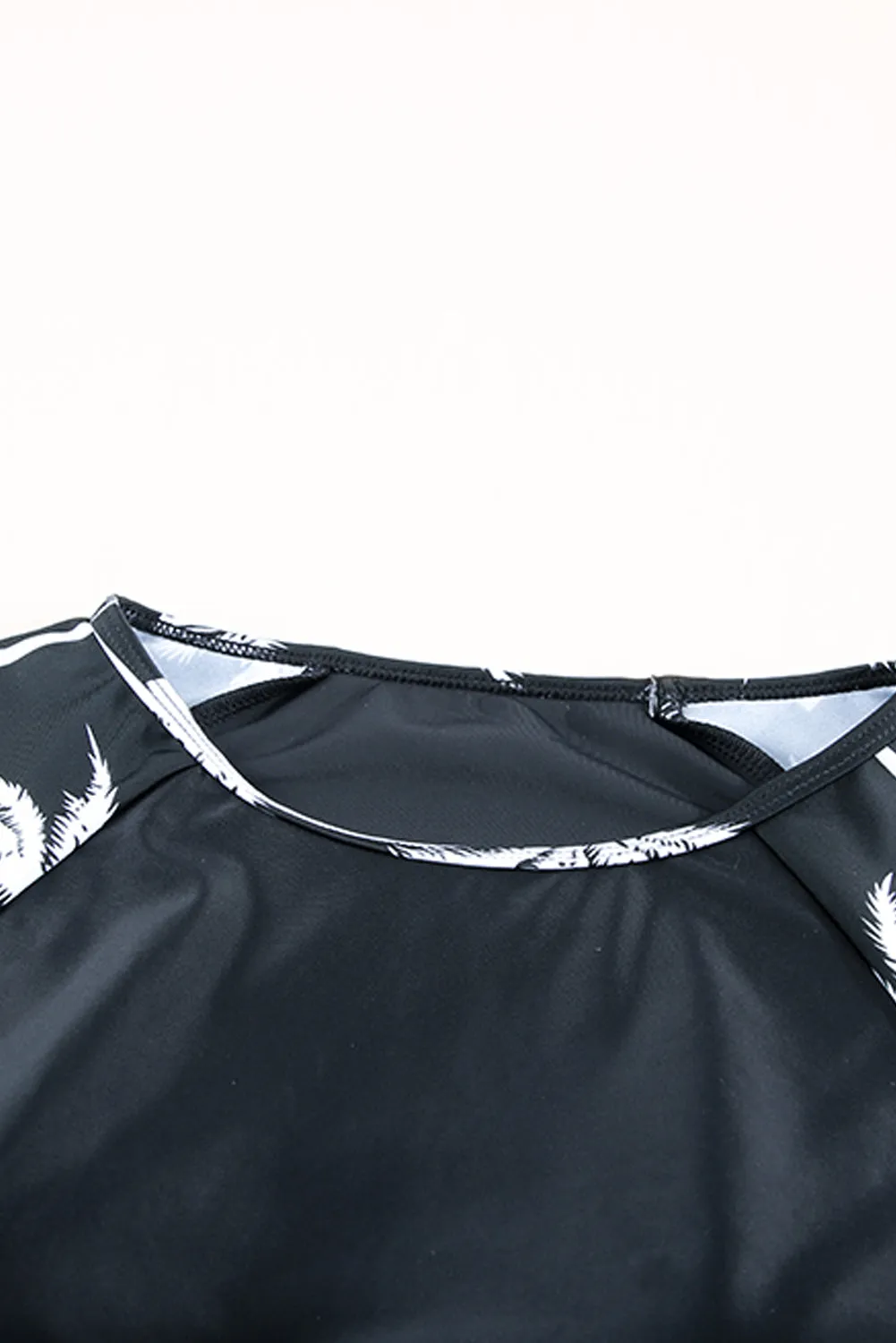 Leaf Stripe Print Round Neck Long Sleeve Surfing Swimsuit