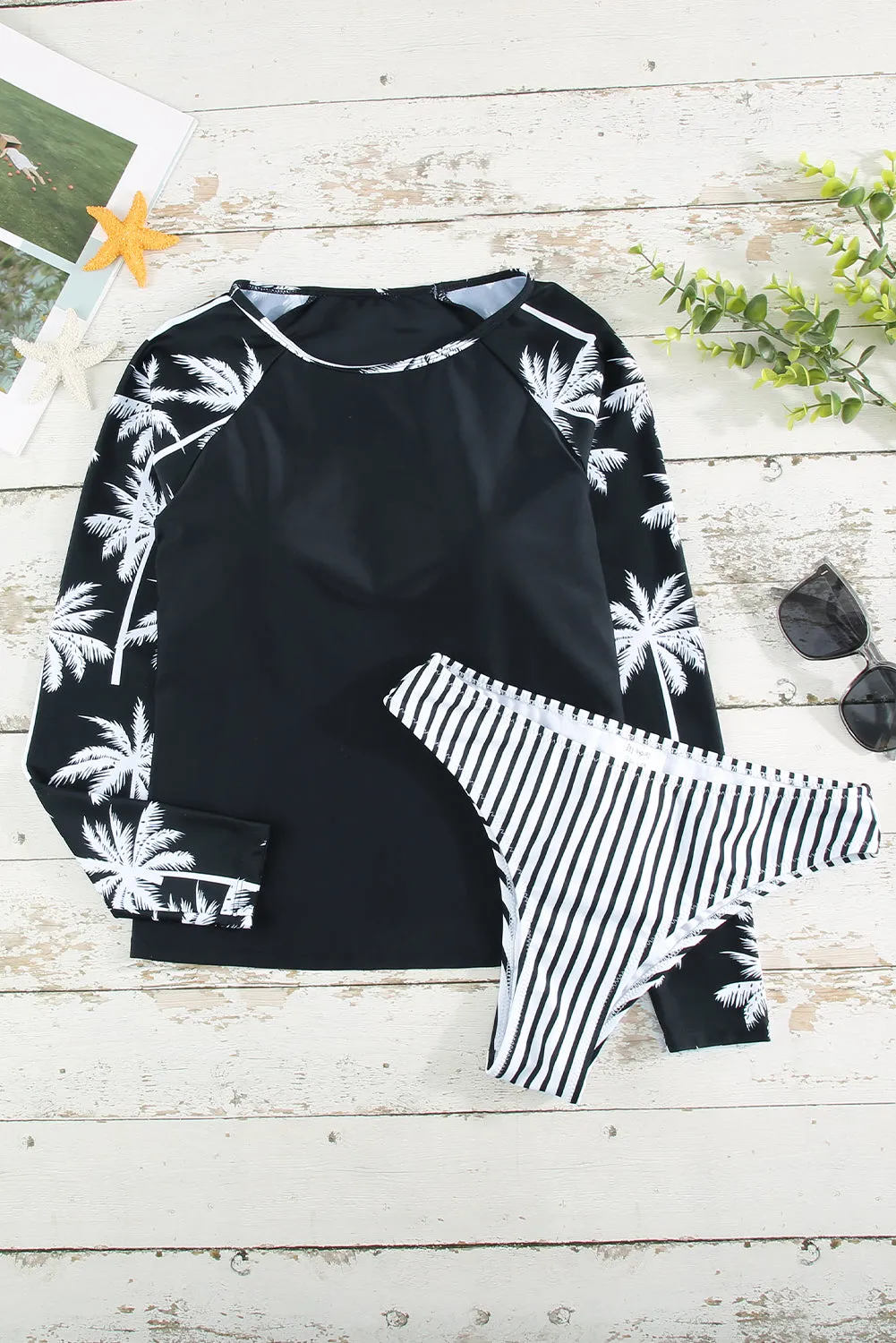Leaf Stripe Print Round Neck Long Sleeve Surfing Swimsuit