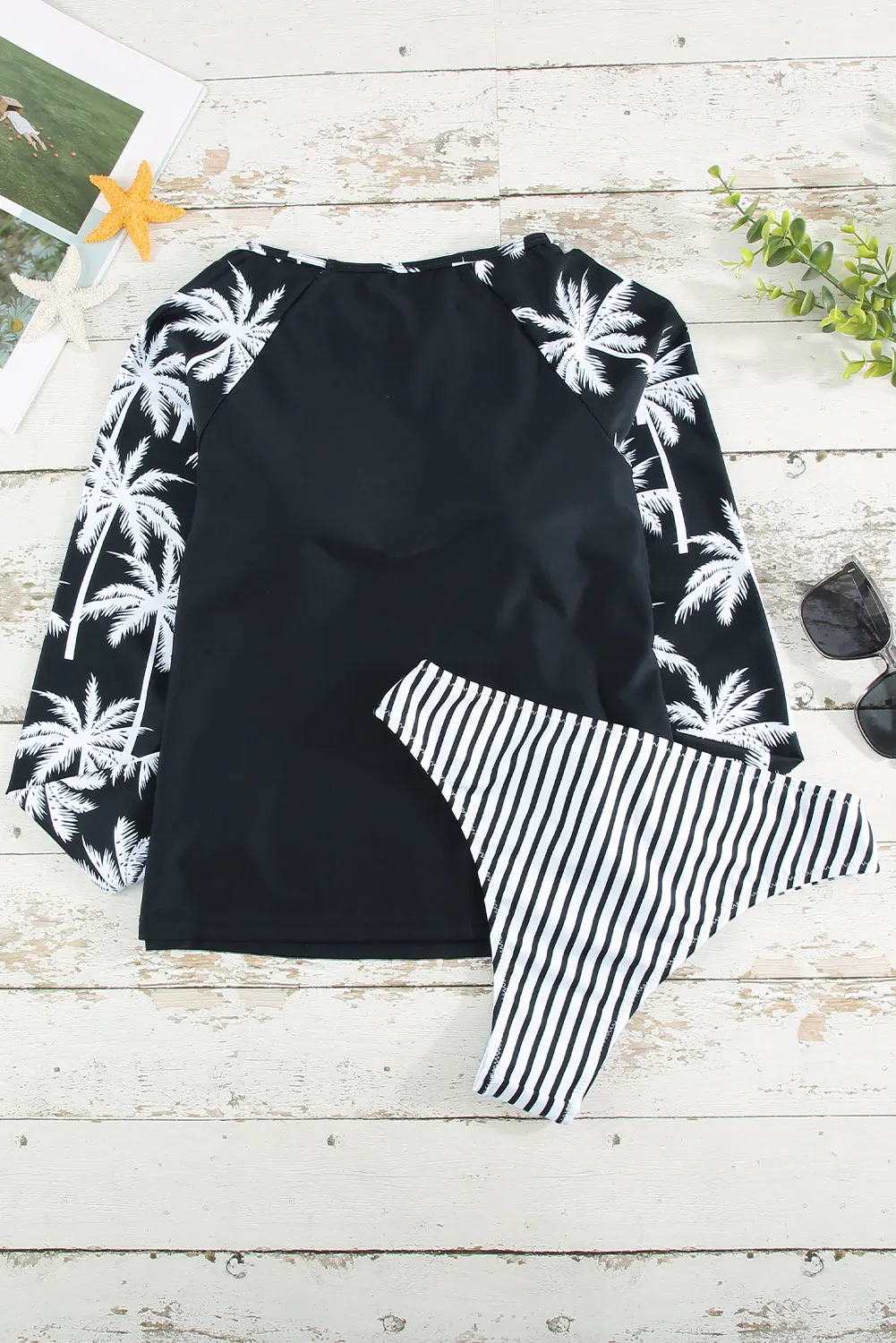 Leaf Stripe Print Round Neck Long Sleeve Surfing Swimsuit