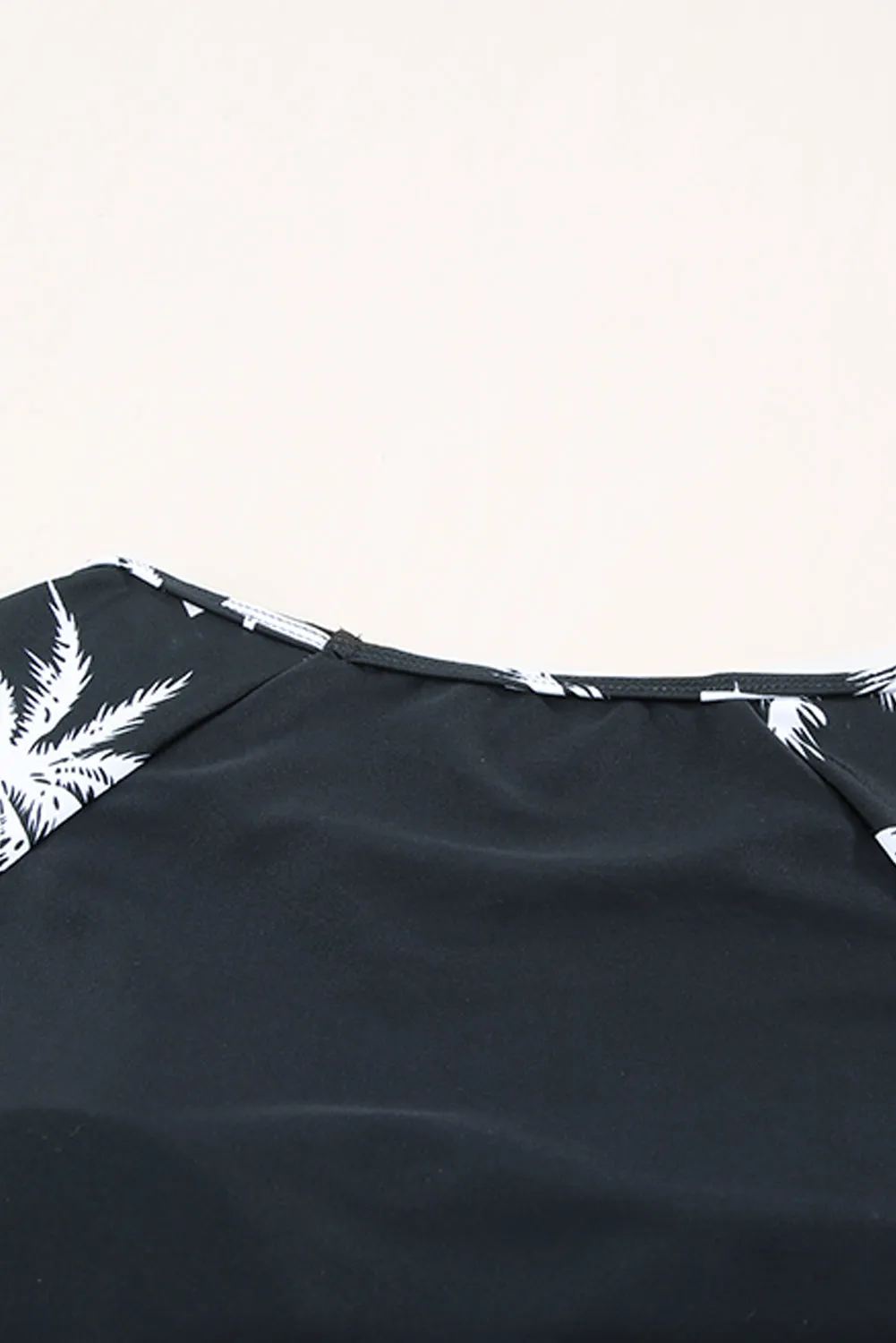 Leaf Stripe Print Round Neck Long Sleeve Surfing Swimsuit