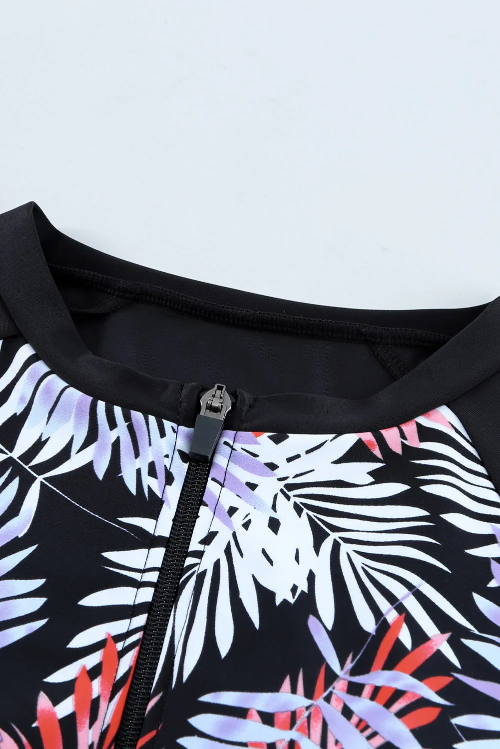 Leaves Print Zip-up Long Sleeve Surf Rash Guard Swimwear