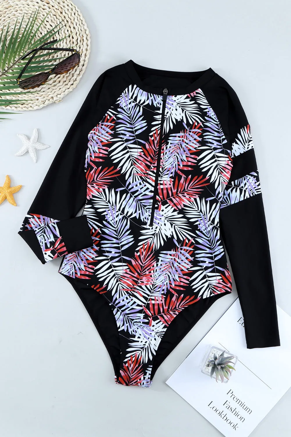 Leaves Print Zip-up Long Sleeve Surf Rash Guard Swimwear