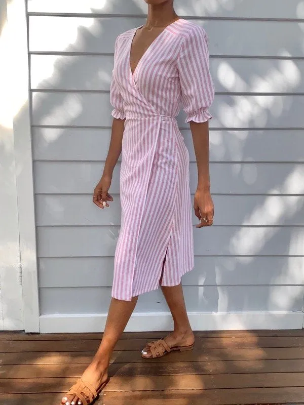 Lia Pink Stripe Cotton Wrap Dress