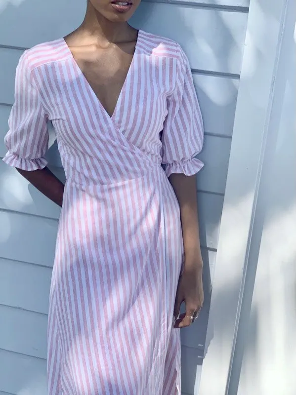 Lia Pink Stripe Cotton Wrap Dress
