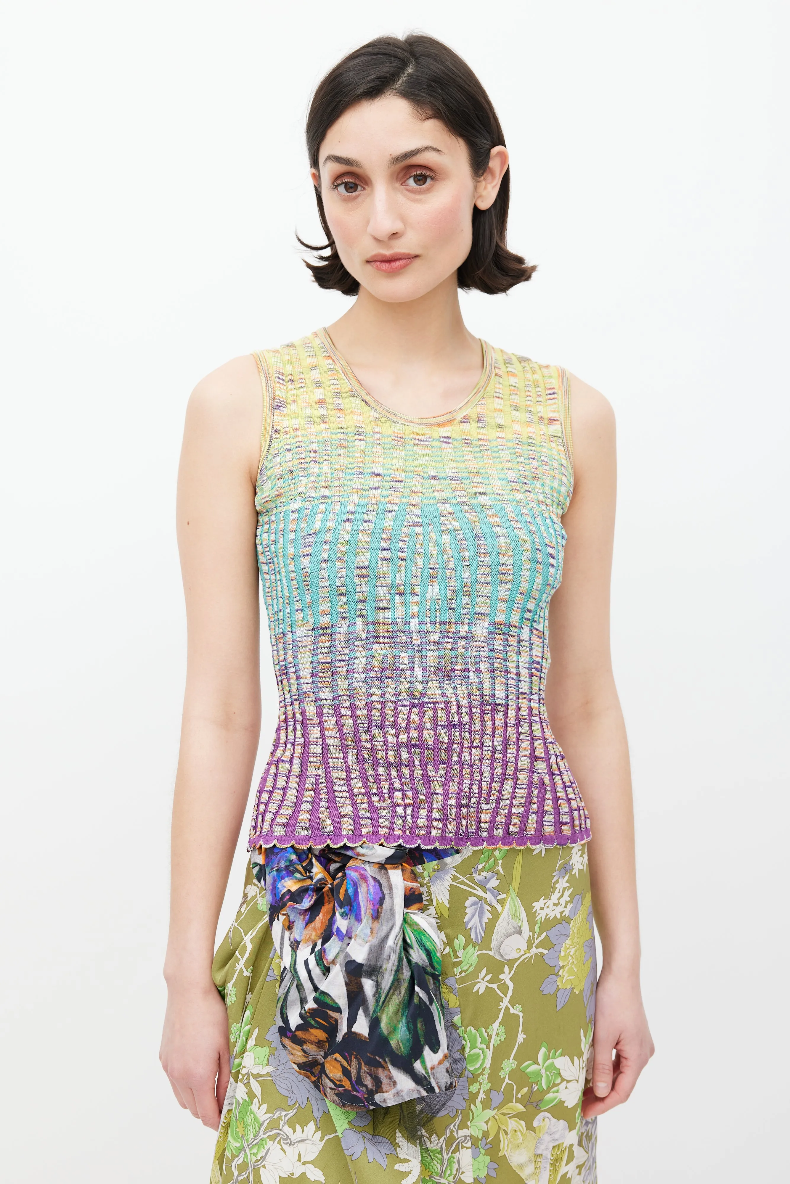 M Yellow & Multicolour Ribbed Tank Top