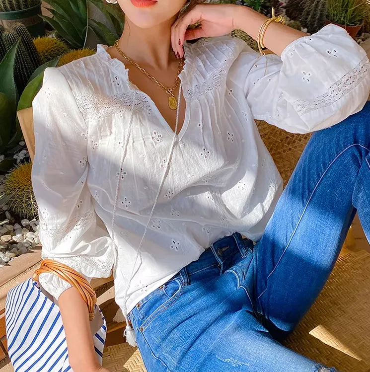Meadow White Bohemian Blouse Lantern Sleeve V Neck Lace Blouses
