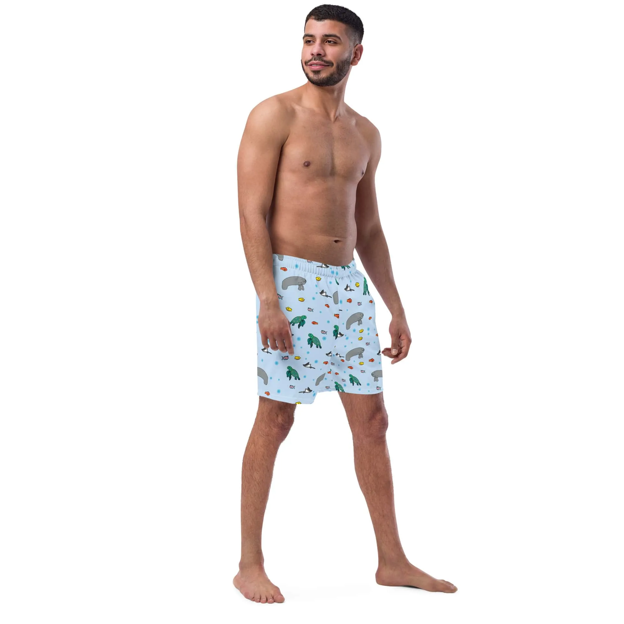 Men's Eco-Friendly Swim Trunks with Manatee and Turtle Print | Quick-Dry Fabric & UPF 50  Protection