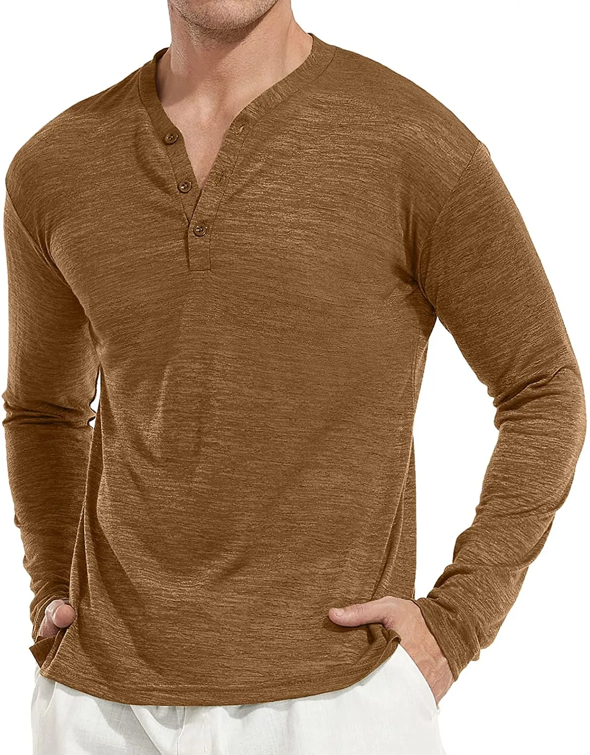 Mens Long Sleeve Henley Shirts Casual Fashion Beach Yoga Loose Fit T-Shirts