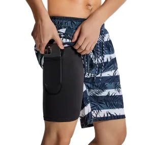 Men's Tropical Leaves And Striped Quick Dry Beach Shorts Swimming Trunks