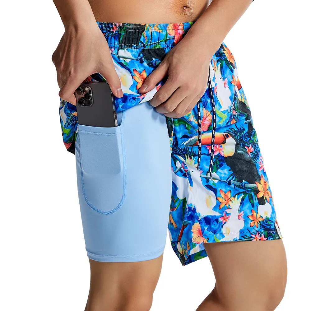 Men's Tropical Leaves And Striped Quick Dry Beach Shorts Swimming Trunks