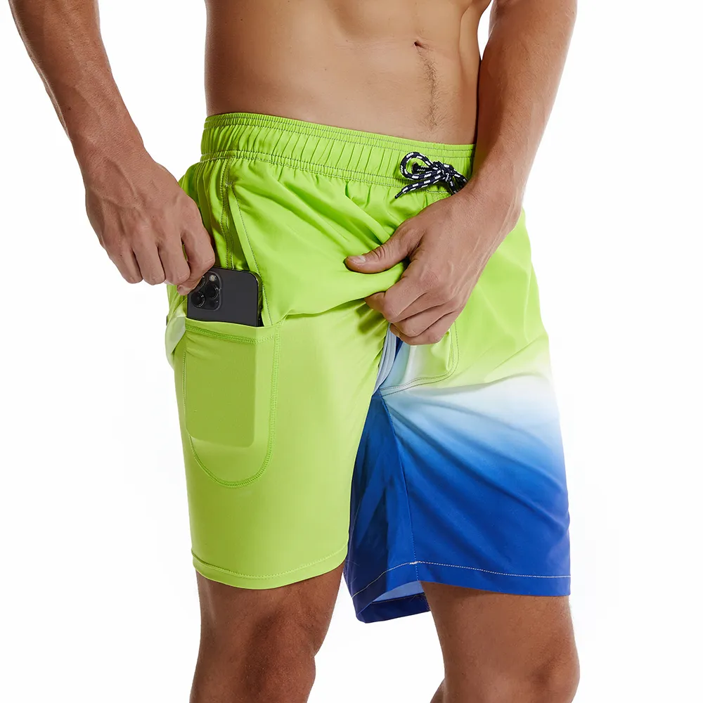 Men's Tropical Leaves And Striped Quick Dry Beach Shorts Swimming Trunks