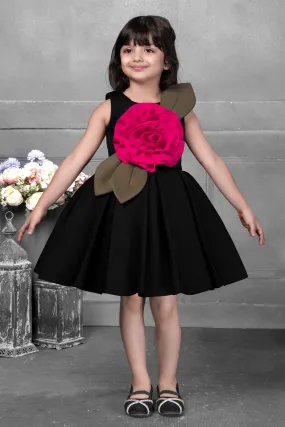 Mini Stitch Flawless Black Sleeveless A-Line Party Frock with Floral Applique -Black