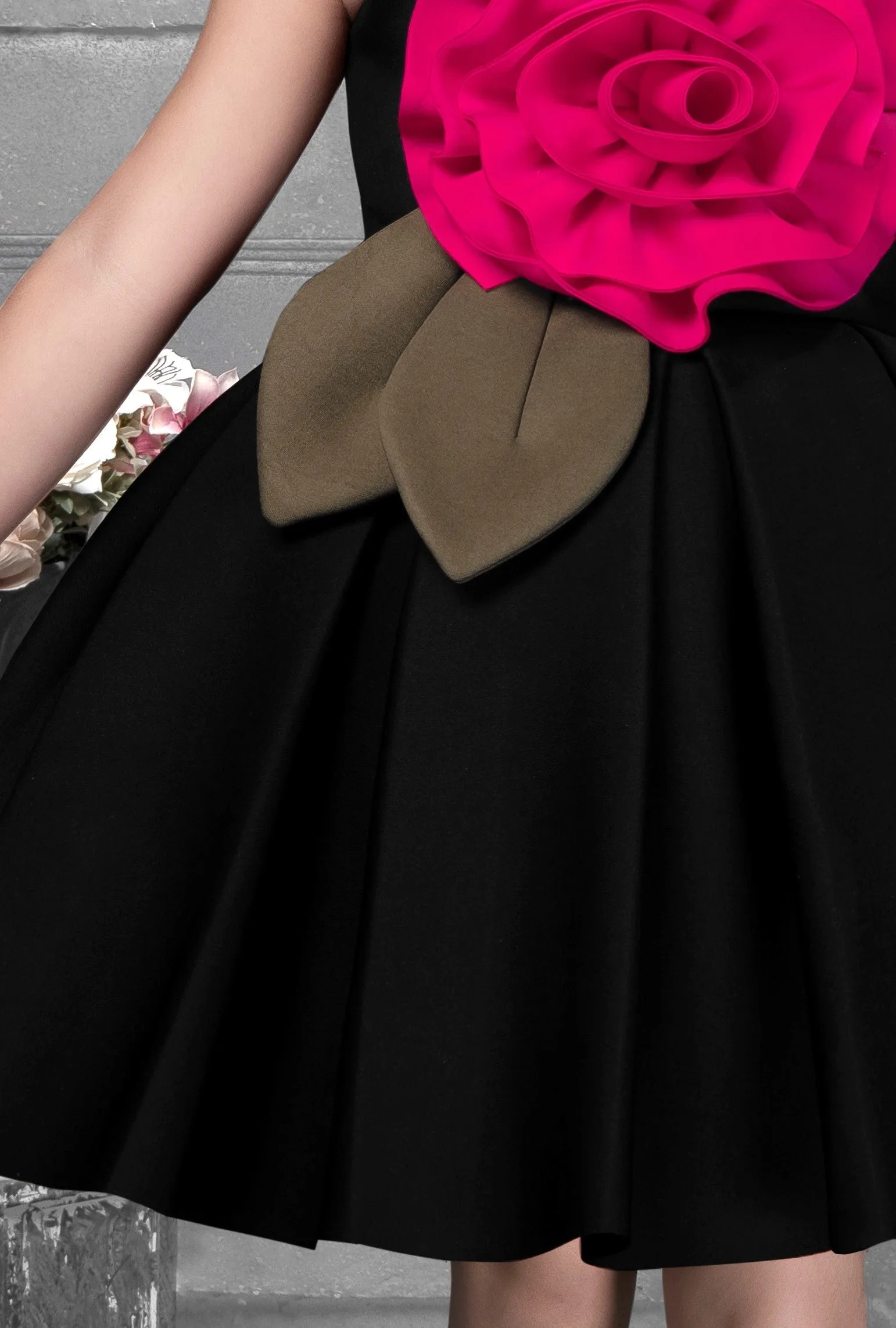 Mini Stitch Flawless Black Sleeveless A-Line Party Frock with Floral Applique -Black