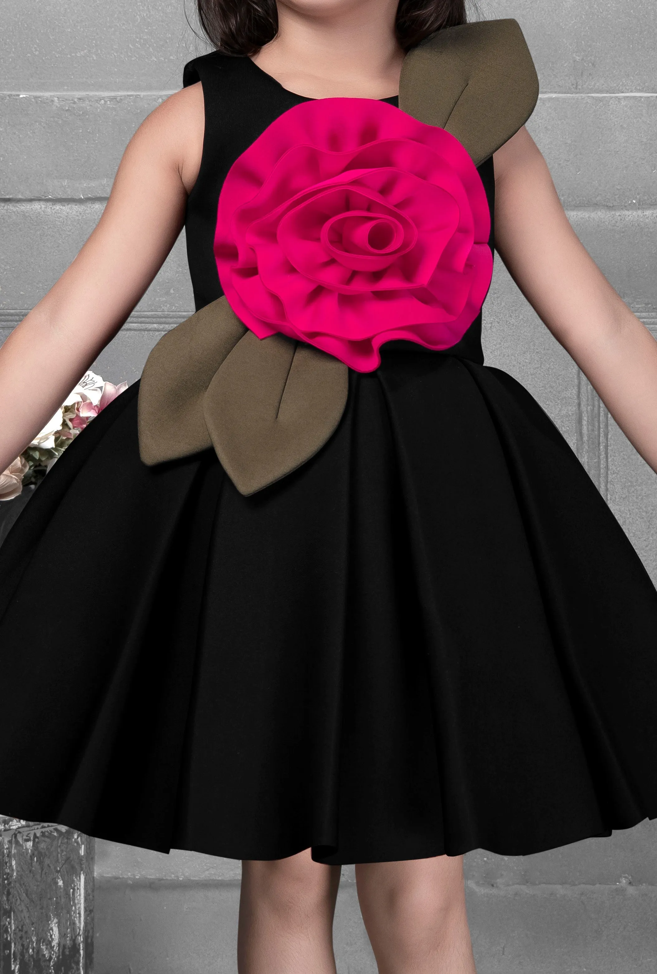 Mini Stitch Flawless Black Sleeveless A-Line Party Frock with Floral Applique -Black