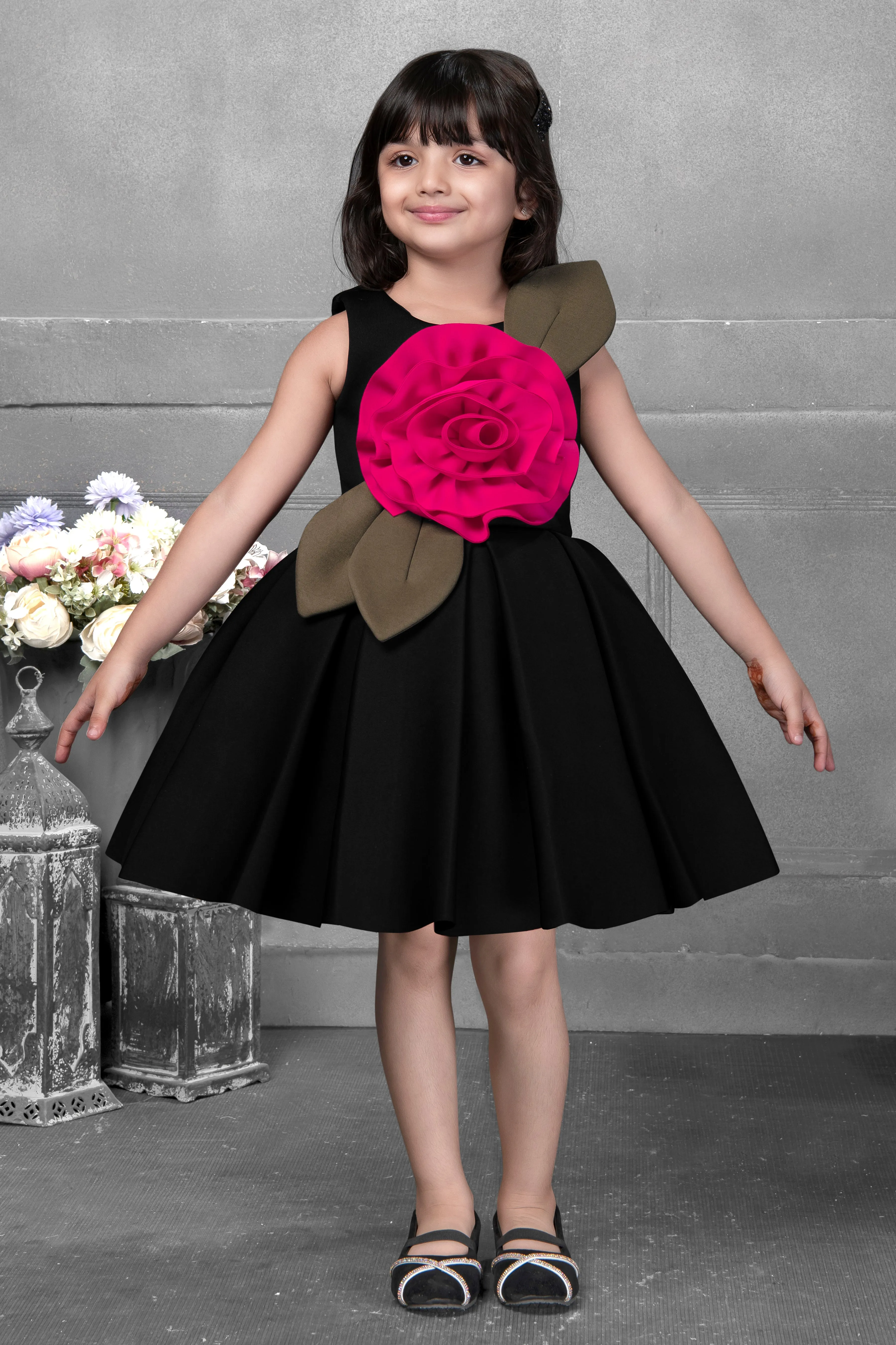 Mini Stitch Flawless Black Sleeveless A-Line Party Frock with Floral Applique -Black