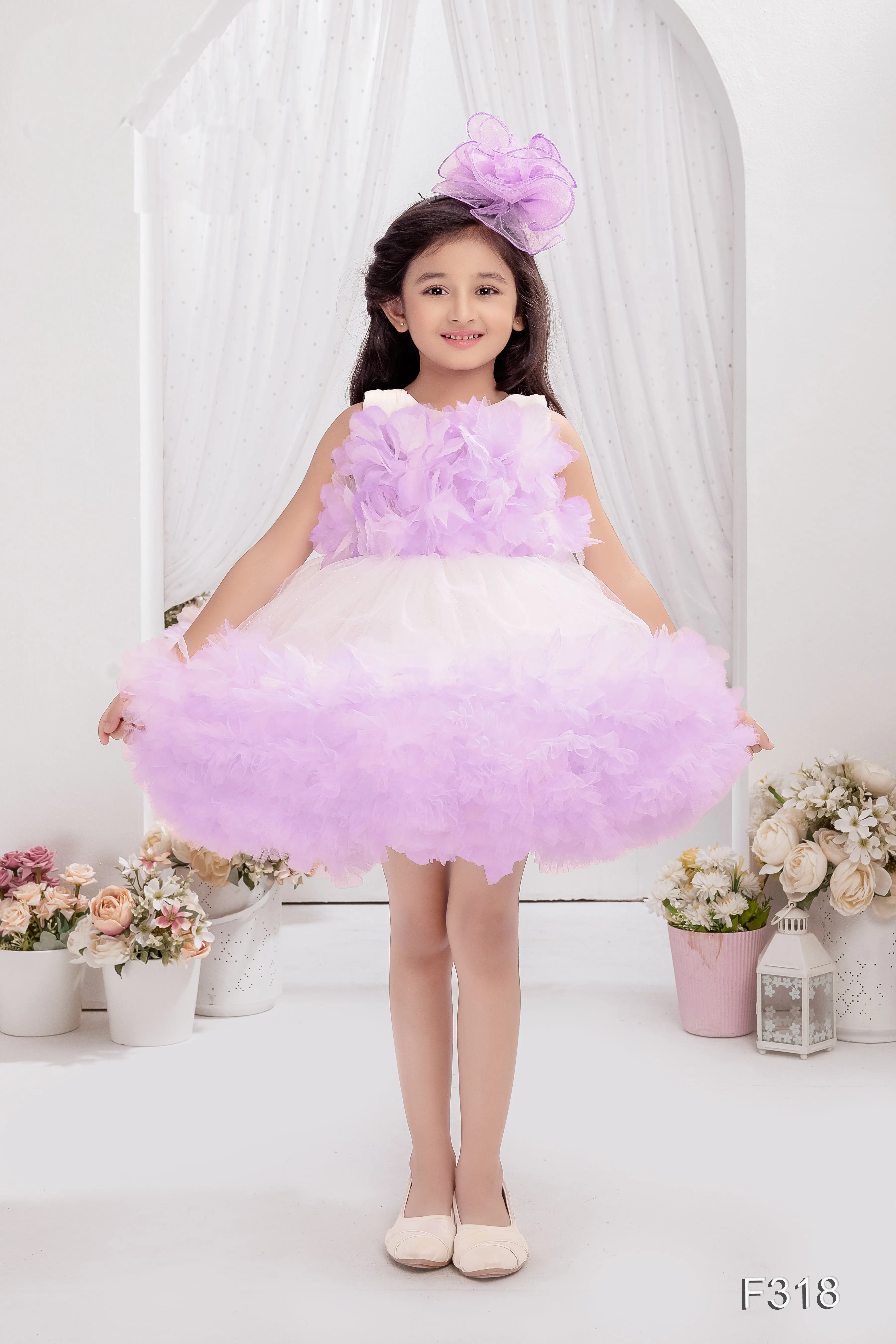 Mini Stitch Lavender and White Frill Frock with Floral Embellished Bodice for baby girls