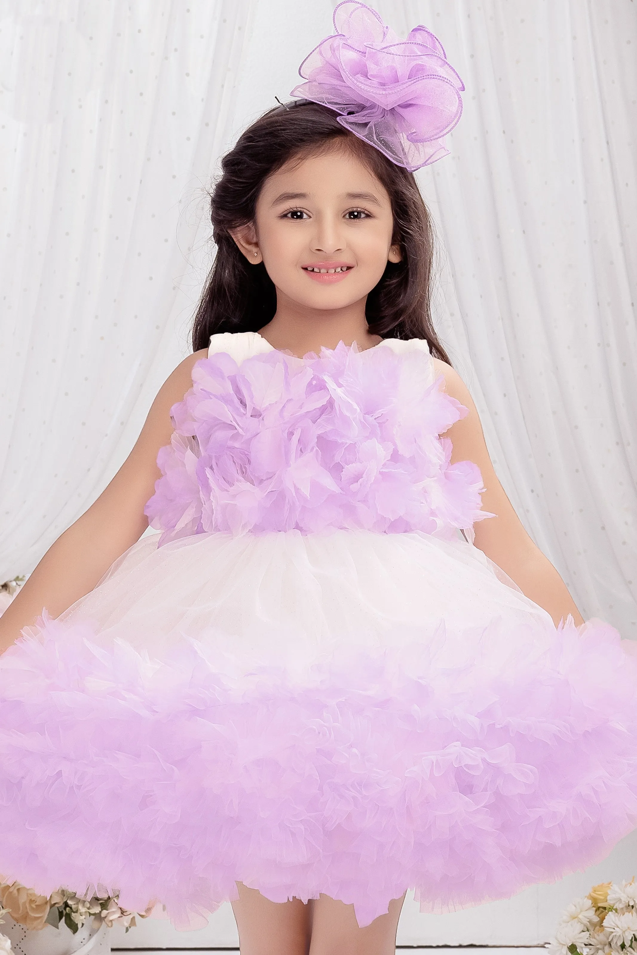 Mini Stitch Lavender and White Frill Frock with Floral Embellished Bodice for baby girls