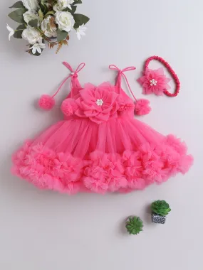 Ministitch Rani Pink Party Frock for Infants with Tie-Knot Singlet Sleeves and Beaded Floral Corsage