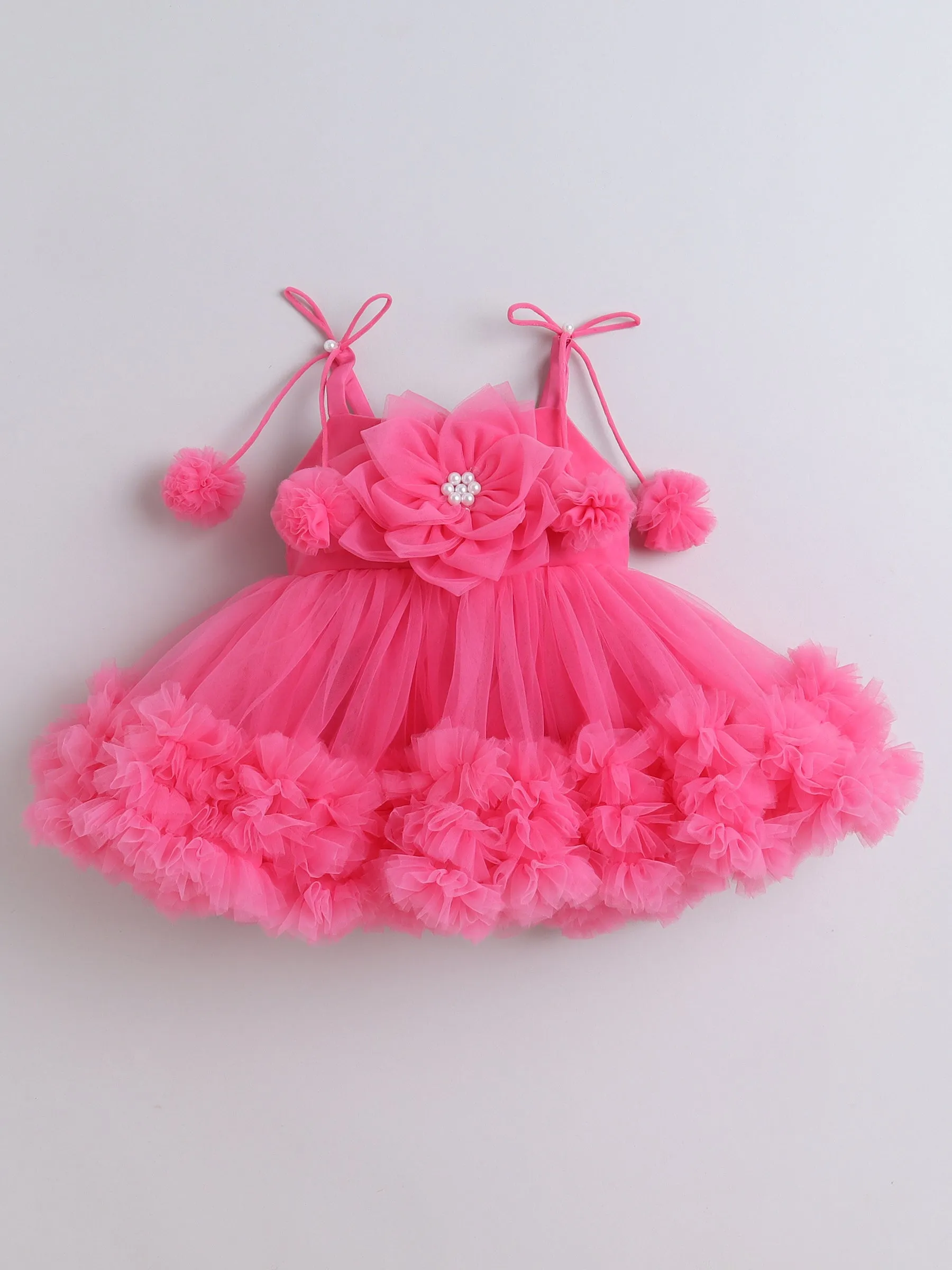 Ministitch Rani Pink Party Frock for Infants with Tie-Knot Singlet Sleeves and Beaded Floral Corsage