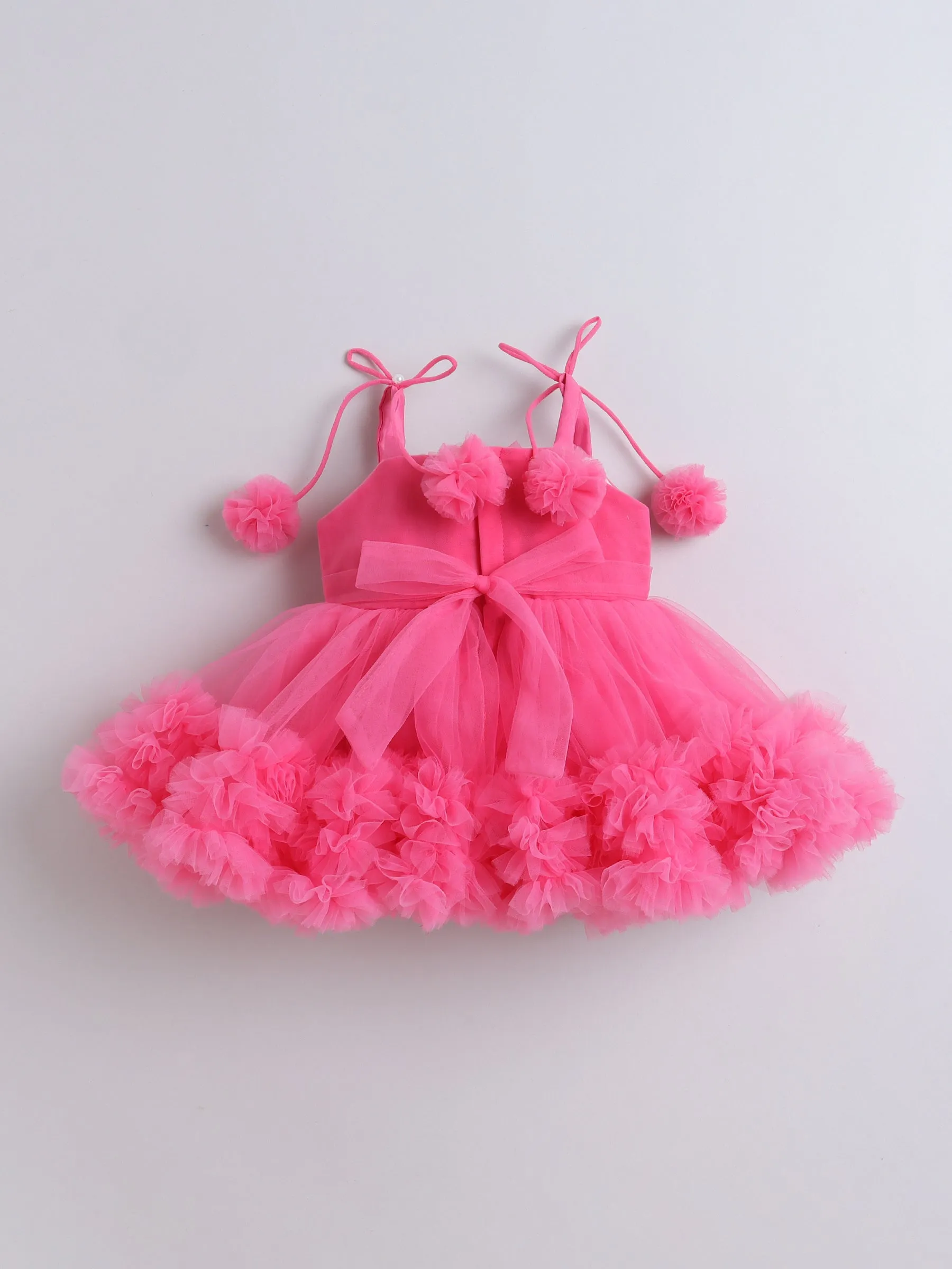 Ministitch Rani Pink Party Frock for Infants with Tie-Knot Singlet Sleeves and Beaded Floral Corsage