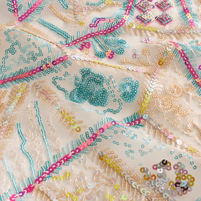 Multicolor Sequined Embroidered Tulle Fabric
