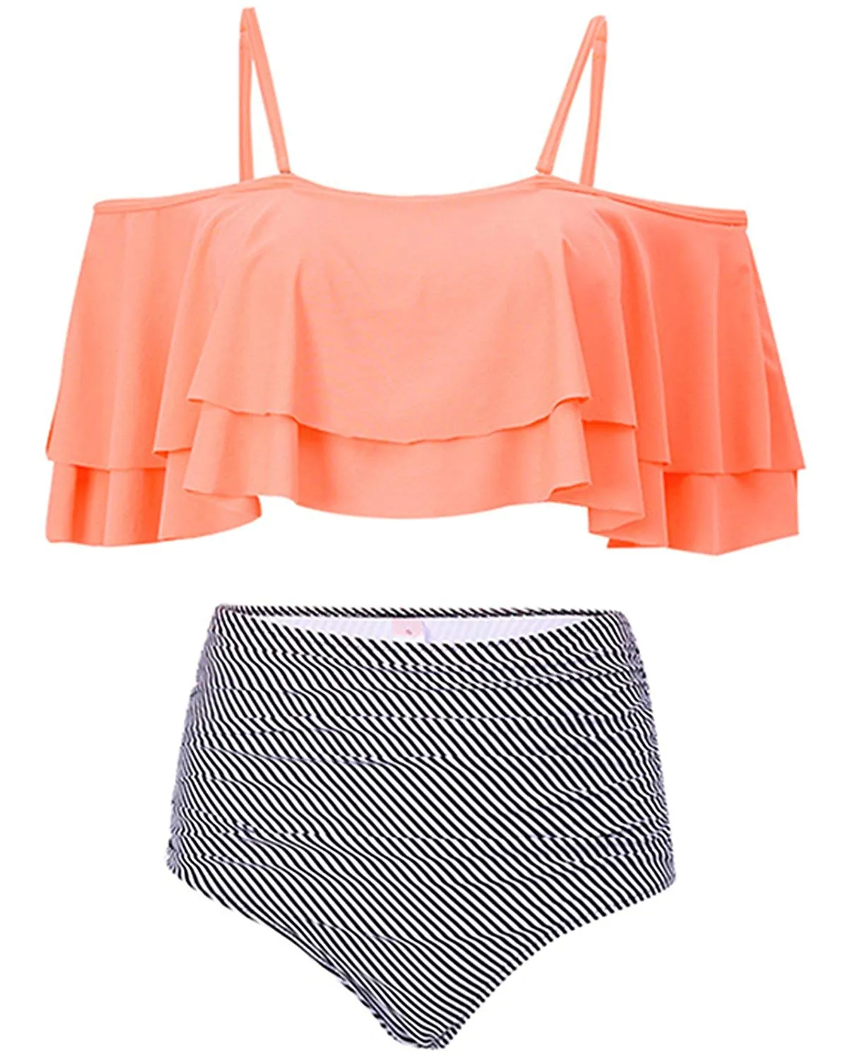 Off Shoulder Flounce Tassel Hem High Waisted Bikini Set