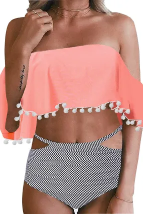 Off Shoulder Flounce Tassel Hem High Waisted Bikini Set