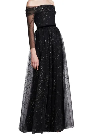 Off Shoulder Glitter Tulle Gown
