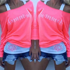 Off-shoulder Long Sleeves Letter Flower Print Blouse