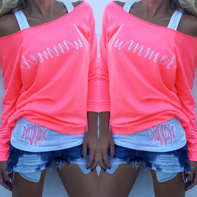 Off-shoulder Long Sleeves Letter Flower Print Blouse