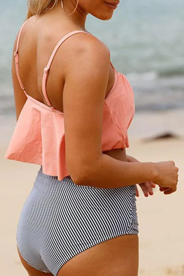 Orange Stripy Beachy Layered High Waisted Bikini