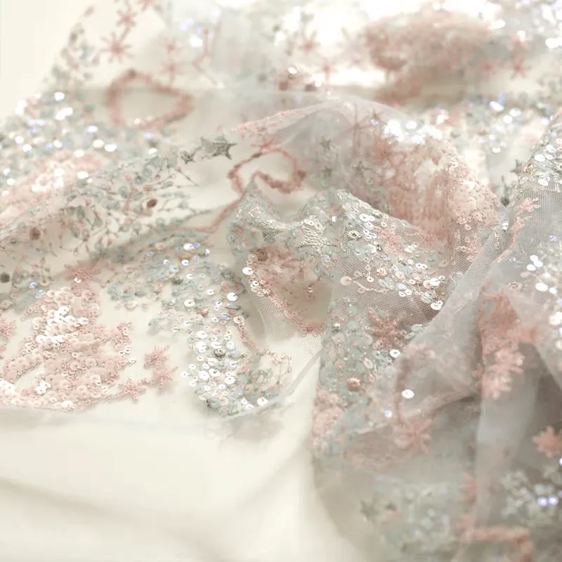 Pastel Pink Floral Sequined Tulle Fabric