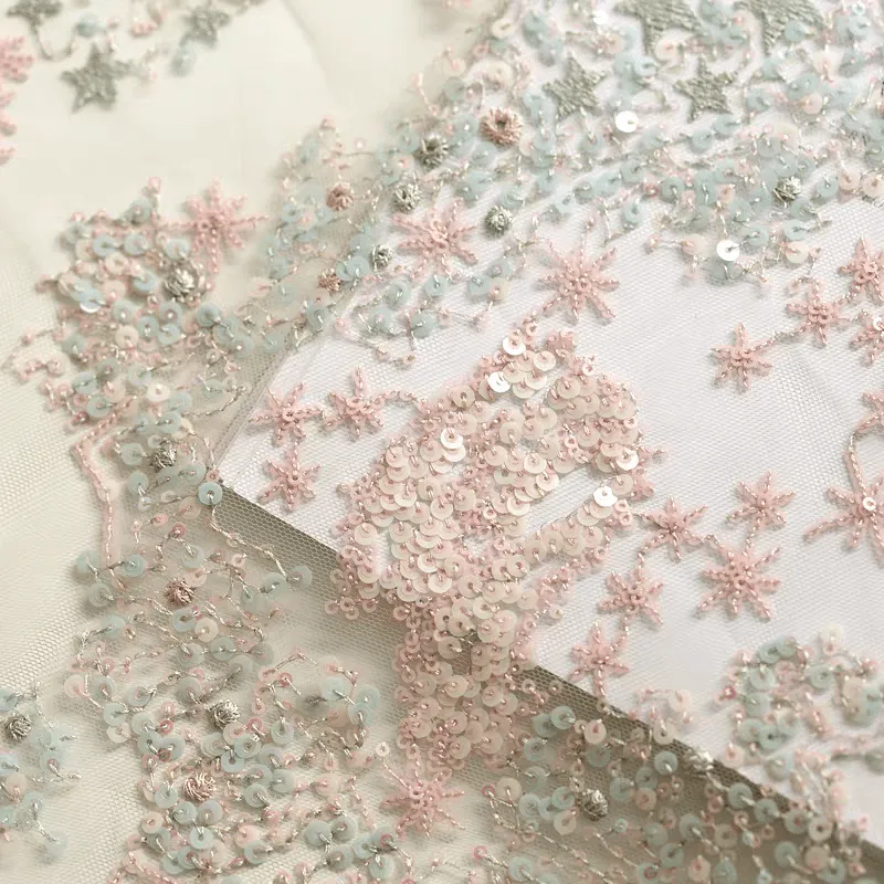 Pastel Pink Floral Sequined Tulle Fabric