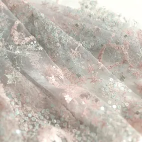 Pastel Pink Floral Sequined Tulle Fabric