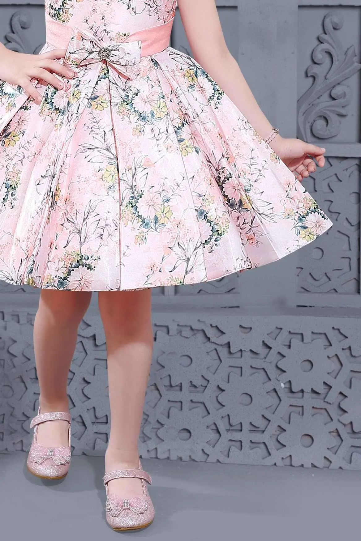 Peach Floral Printed Frock With Bow Embellished For Girls