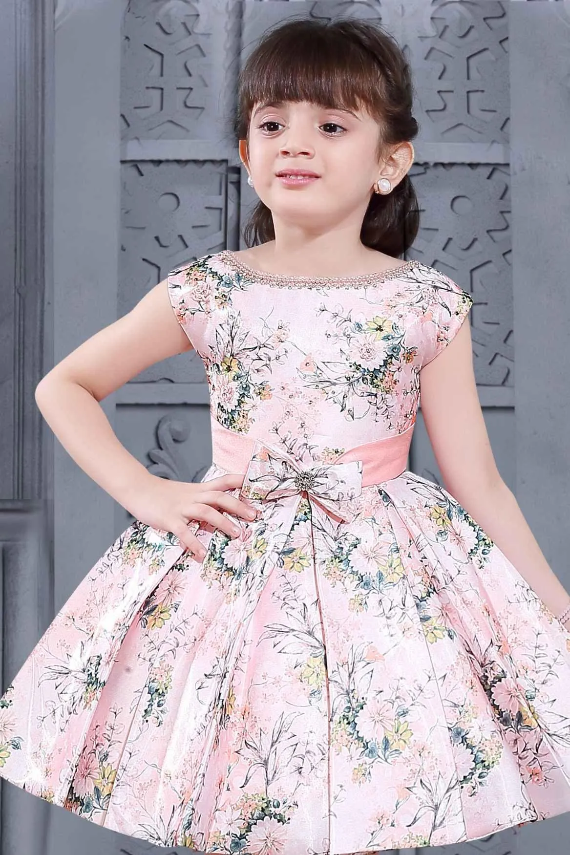 Peach Floral Printed Frock With Bow Embellished For Girls