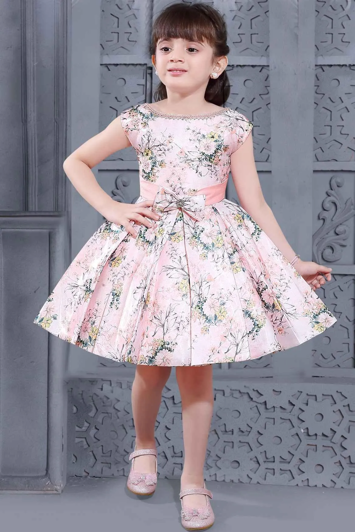 Peach Floral Printed Frock With Bow Embellished For Girls