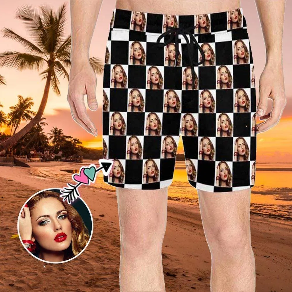 Personalized Girlfriend's Face Swim Shorts Custom Lattice Men's Quick Dry Swim Shorts with Photos for Holiday