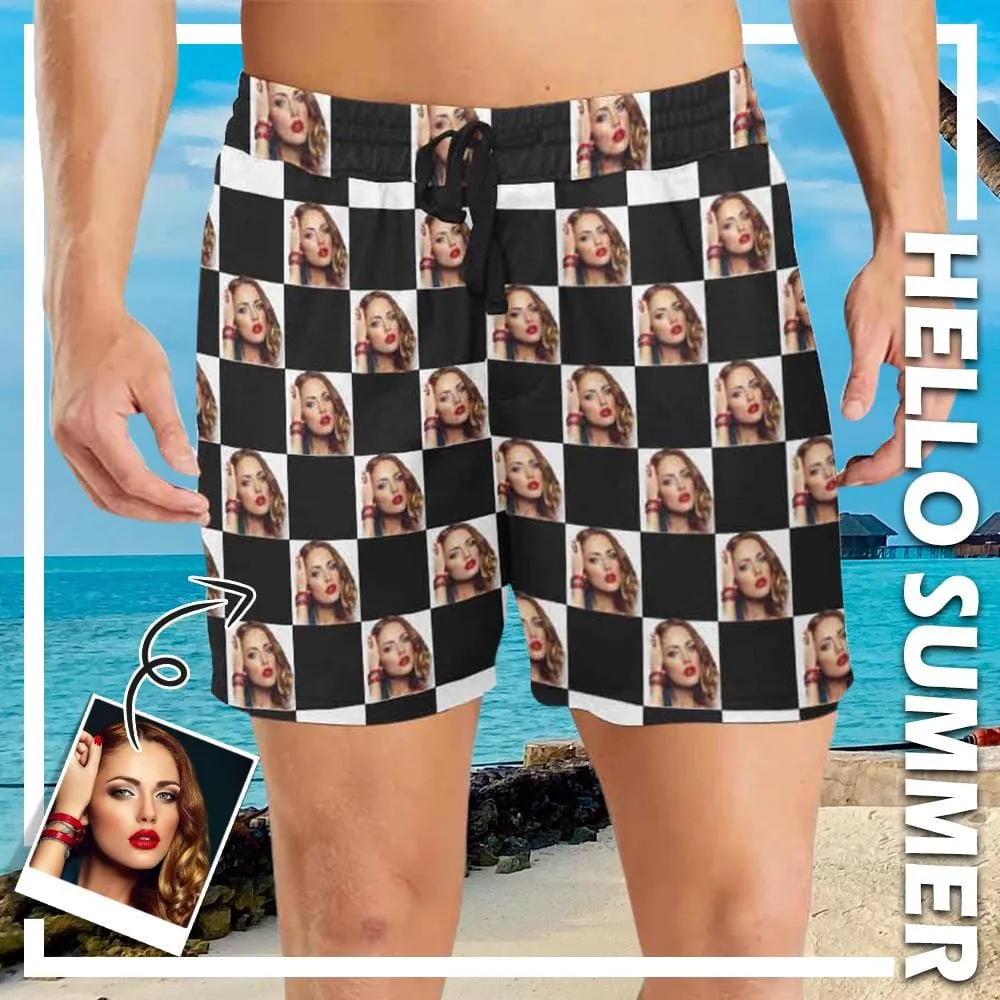 Personalized Girlfriend's Face Swim Shorts Custom Lattice Men's Quick Dry Swim Shorts with Photos for Holiday