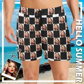 Personalized Girlfriend's Face Swim Shorts Custom Lattice Men's Quick Dry Swim Shorts with Photos for Holiday