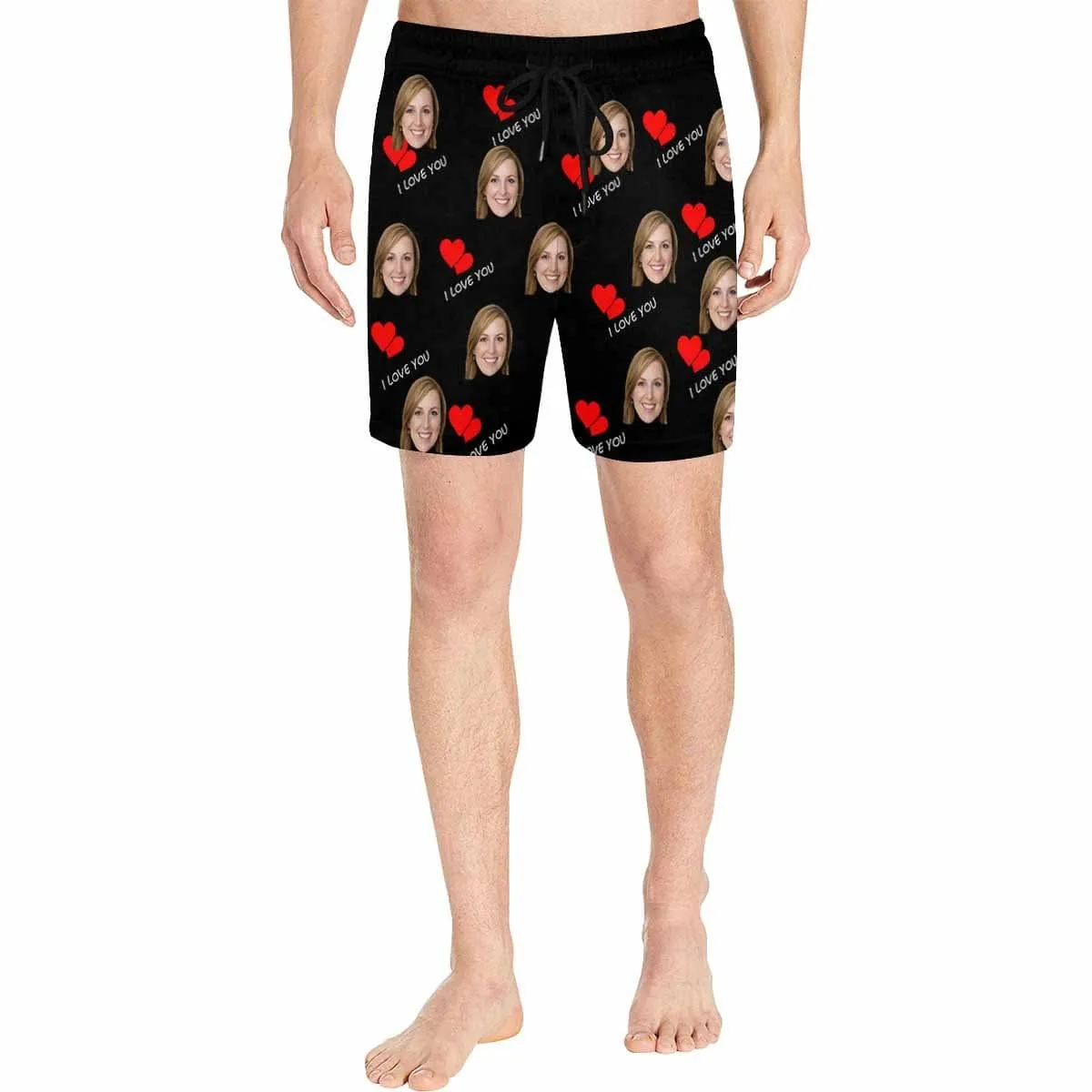 Personalized Swim Trunks Custom Face I Love You Red Heart Men's Quick Dry Swim Shorts for Valentine's Day