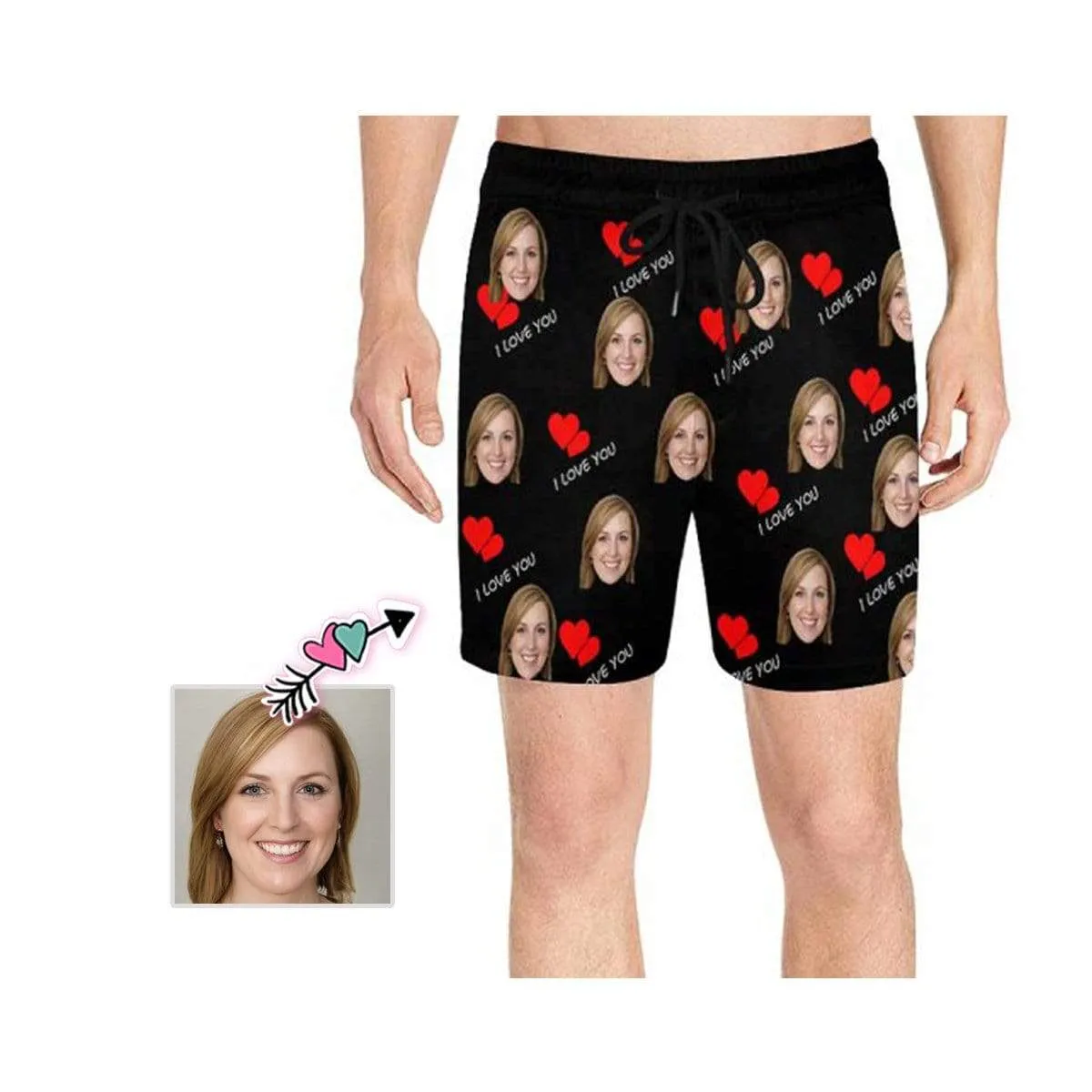 Personalized Swim Trunks Custom Face I Love You Red Heart Men's Quick Dry Swim Shorts for Valentine's Day