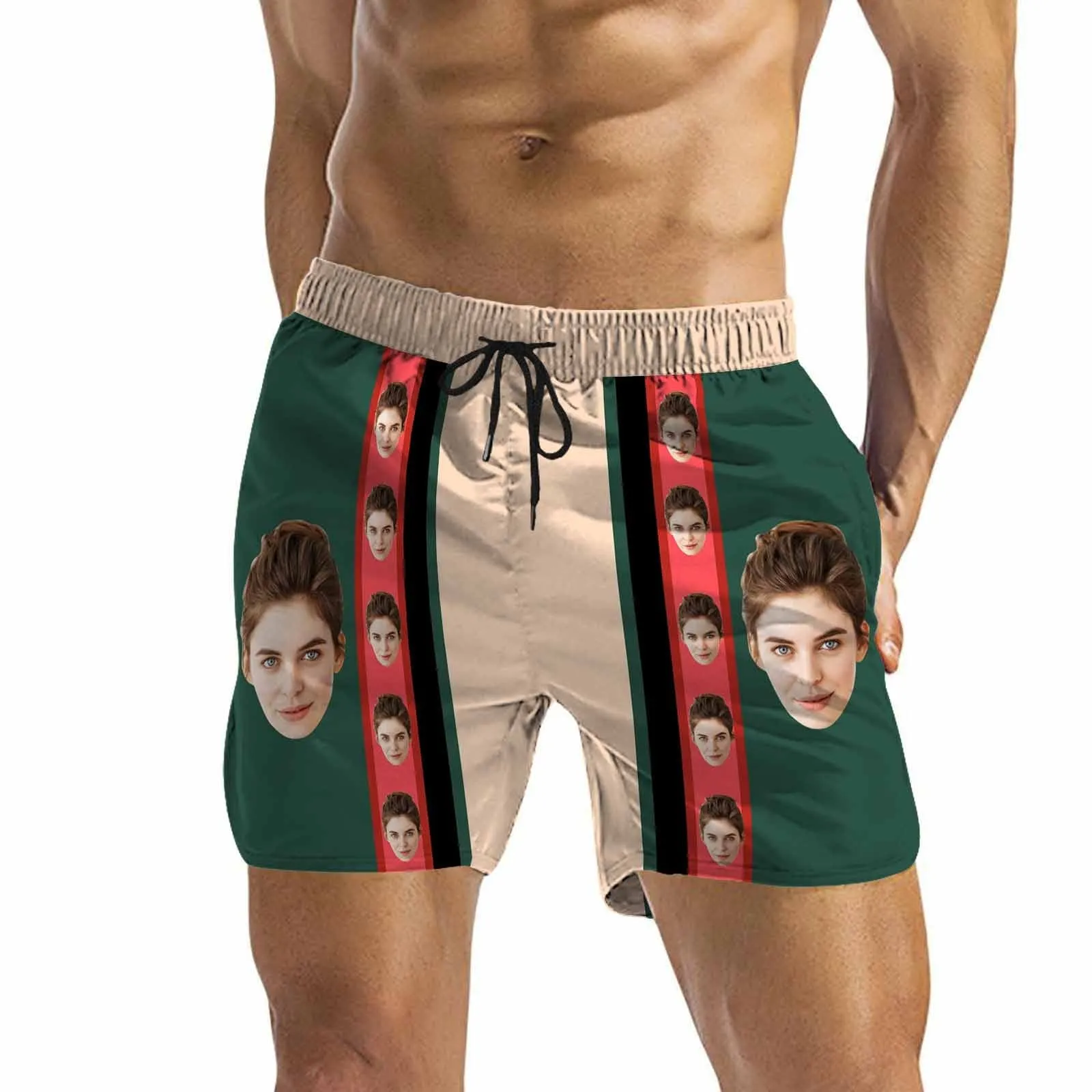 Personalized Swim Trunks with Custom Face Design Red and Green Men's Quick Dry Swim Shorts